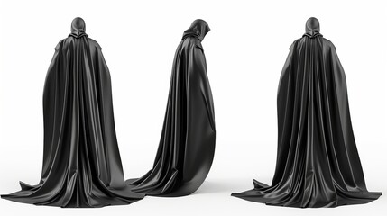 Black cape superhero in various poses—front, side, and back—against a white background. Party attire in costume, masquerade