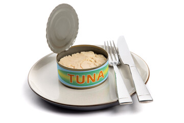 An opened can with a generic, fake, label of tuna with a knife and fork suggesting an inexpensive...