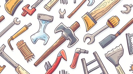 Collection repair-related construction tools, including a hammer, shovel, screwdriver, wrench, tester, brush, saw, trolley, trowel, and ladder, arranged in a smooth on white background. illustration.