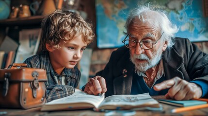 Old man and a young boy are sitting at a table looking at a book. Concept of curiosity and learning