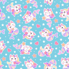 Seamless pattern with kawaii mermaid cats. For children's fabric design, wallpaper, backgrounds, prints, wrapping paper, scrapbooking, etc. Vector