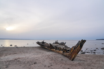 Loksa Estonia - March 31 2024: Shipwreck of the schooner Raketa, built in Rauma, Finland in the...