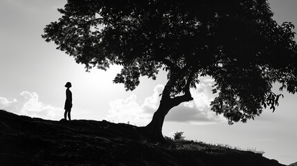 A person stands contemplatively under the vast canopy of a tree, silhouetted against the bright sky, evoking a sense of solitude and reflection.
