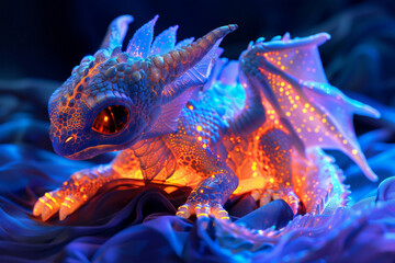 Produce a baby dragon sculpture made entirely of neon-colored light, emitting a soft glow against a dark backdrop - Powered by Adobe