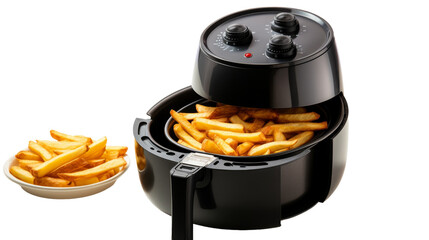 A black air fryer sits with french fries in front of it
