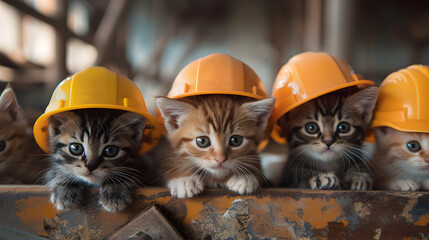 Mischievous Little Builders: Cuddly Kittens in Construction Worker Outfits Ready to Take on Their Next Project - obrazy, fototapety, plakaty