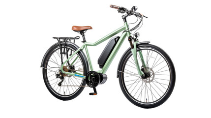 A vibrant green bicycle with a rich brown seat resting gracefully on a clean white background