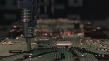 Macro Shot of Automatic Pick and Place machine quickly installs Components on Circuit Board. While...