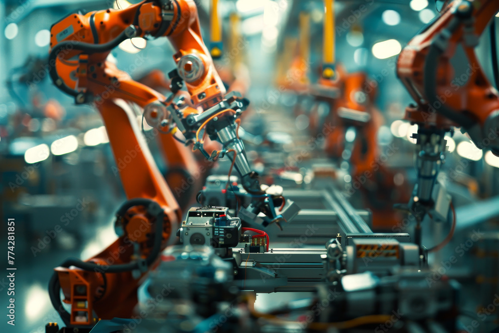 Poster a factory with robots working on a car
