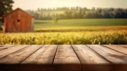 Poster The empty wooden brown table top with blur background of farm and barn. Exuberant image. generative AI © Summit Art Creations