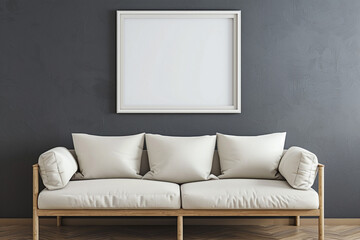 A minimalist Scandinavian living room with an ivory sofa against a charcoal grey wall. One blank empty mock-up poster frame in a matte white finish stands out above the sofa, highlighting the room's