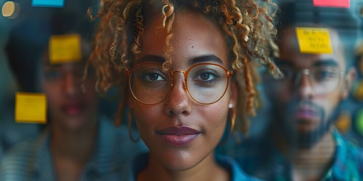 Collaborative brainstorming session with professionals using sticky notes on a glass wall in a modern office. Concept Collaborative Brainstorming, Professionals, Sticky Notes, Glass Wall