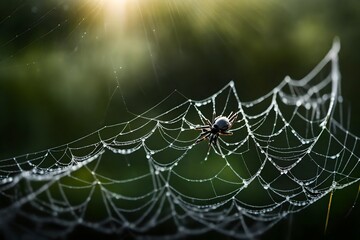 Morning dew glistening on a spider s web With copyspace for text - obrazy, fototapety, plakaty