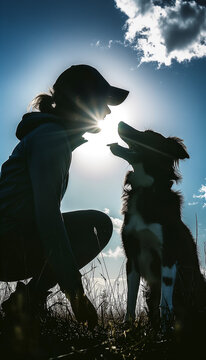Silhouetted Woman Bonding with Dog at Sunset