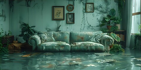 Living room with flooded water damaged couch and water leaks from burst plumbing pipe due to heavy rain. Concept Water Damage, Burst Plumbing Pipe, Heavy Rain, Flooded Couch, Living Room