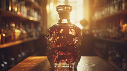 A whiskey bottle on a bar shelf at sunset - obrazy, fototapety, plakaty
