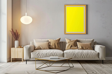 A modern, minimalist living room in Scandinavian style, featuring a light gray wall with a bright yellow frame mockup poster. The room is furnished with a Scandinavian-design sofa, a geomet