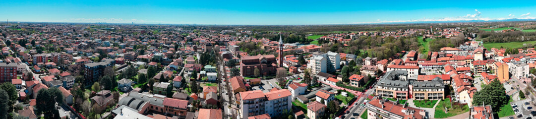 Limbiate aerial view, the parish of St. George, the church, homes and streets downtown. Monza and Brianza. 02-04-2024. Italy
- 774283248