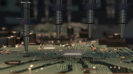 Macro Shot of Automatic Pick and Place machine quickly installs Components on Circuit Board. While board moving through Assembly Line. Electronics and Circuit board Manufacturing Factory.