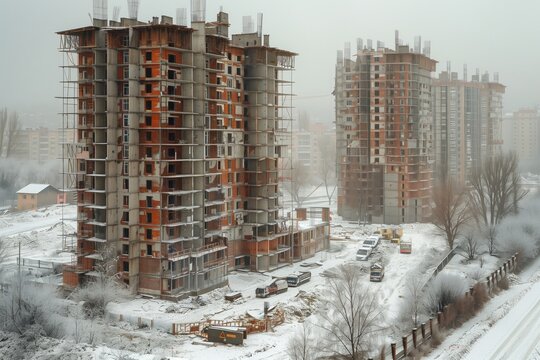 Snow-covered construction site with cranes