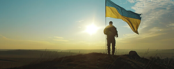 Ukrainian flag waving, defiant against war's shadow - obrazy, fototapety, plakaty