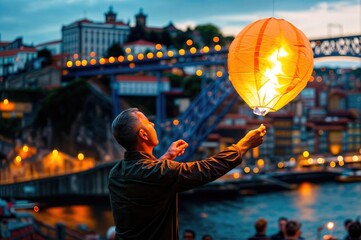 Obraz premium Vibrant Porto Nights: Portuense Joins São João Festivities, Launching Balloons in the City with D. Luis bridge at background