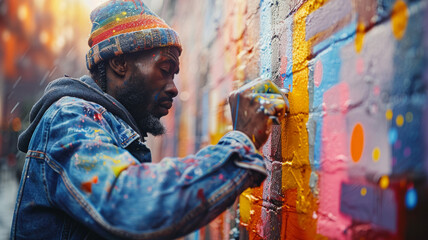 Man painting mural on wall