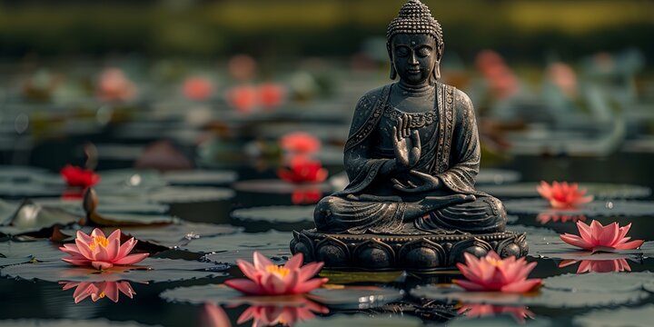 A statue of Buddha is sitting on a lotus flower in a pond