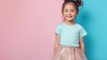 studio photo of a small smiling stylish Korean girl in a fluffy skirt and T-shirt on a color background, child, children, toddler, baby, kid, clothes, emotional face, expression, joy, smile, fun