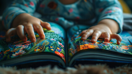 Child reading a colorful picture book