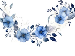 Indigo thin barely noticeable flower frame with leaves isolated on white background pattern 
