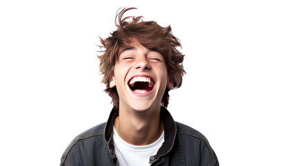 A young man joyfully laughing and making a hilarious face - obrazy, fototapety, plakaty