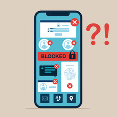 Phone screen with Blocked Account on Screen. Hacker Cyber Attack, Censorship or Ransomware Activity Security. 