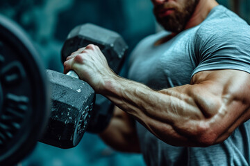authentic image, detail close up of fit coach man lifting weight, training bicep curl in the gym. concept of weight loss and healthy living - obrazy, fototapety, plakaty