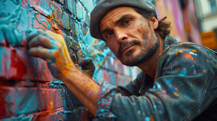 Fototapeta premium Man painting graffiti on wall.