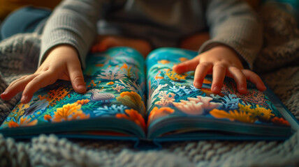 Child reading a colorful illustrated book. - obrazy, fototapety, plakaty