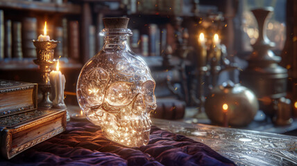 Fototapeta na wymiar Glass skull on table with candles and books.