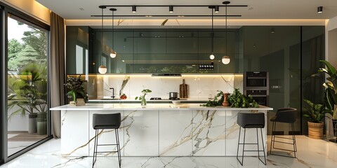 A kitchen with a marble countertop and a black chair - obrazy, fototapety, plakaty