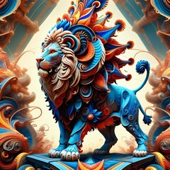 The image features a colorful lion statue standing on a platform. The lion is blue with a red mane and orange patterns on its body. 