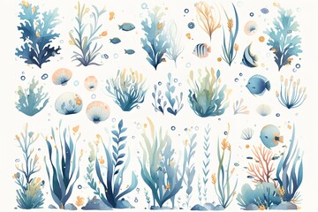 A collection of underwater plants and fish