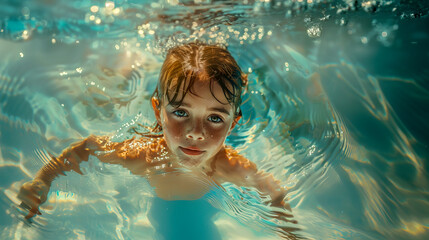 imagen de niña con pecas en el agua en una piscina.