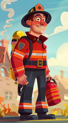 A fireman with a mustache and in firefighting equipment against a background of fire.