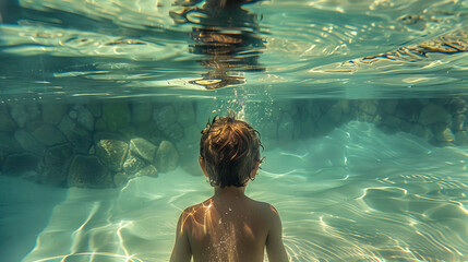 Imagen subacuática de un niño sumergido en el agua. - obrazy, fototapety, plakaty