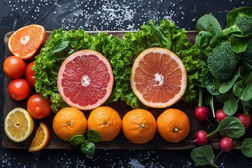 Assorted fresh citrus fruits with greens