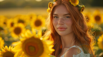 Young woman in a sunflower field at sunset