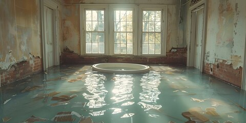 Room in Abandoned House Flooded with Water Damage, Potentially Due to Climate Change or Burst Pipe. Concept Abandoned House, Water Damage, Climate Change, Burst Pipe, Environmental Impact