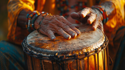 Close-up of elderly hands on a drum - obrazy, fototapety, plakaty