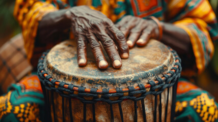 Close up of hands on African drum.