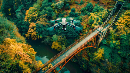 Imagen aérea de un Dron sobrevolando un puente después de hacer una inspección de la estructura - obrazy, fototapety, plakaty