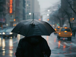 A man is walking down a street with an umbrella over his head